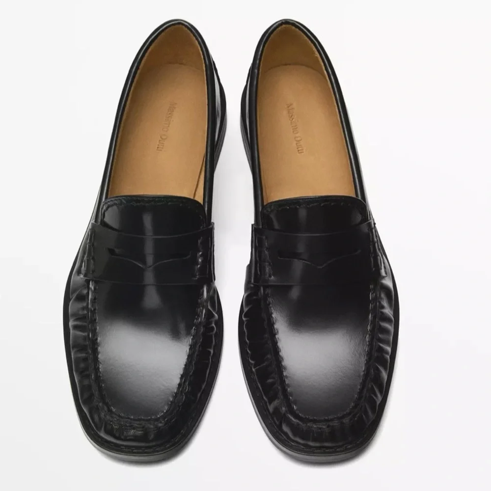 MASSIMO DUTTI Black Leather Penny Loafers Size 6.5 - Picture 3 of 7
